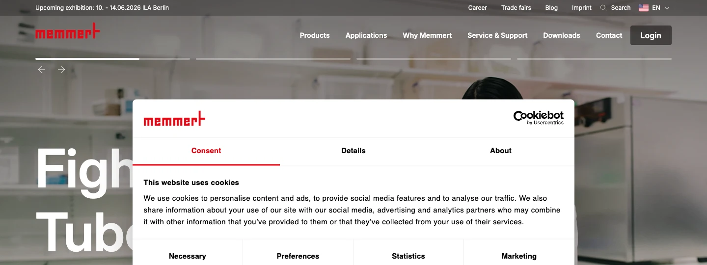 Memmert lab equipment manufacturer website homepage